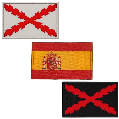 Pack of 3 Embroidered Military Patches – Flag of Spain and Burgundy Cross – Patches Tactical Backpack, Military Clothing and Airsoft. Spanish Thirds Symbol of the Spanish Empire