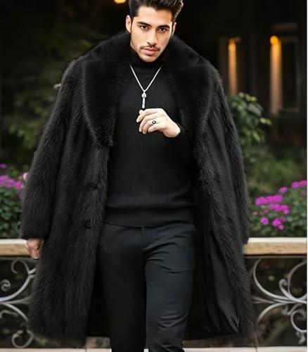Image of FTIMILD Men's Long Faux Fur Coat Single Breasted Warm Winter Trench Coat Fluffy Thick Overcoat