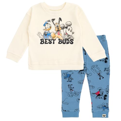 Disney Mickey Mouse Donald Duck Pluto Toddler Boys Waffle Knit Drop Shoulder Sweatshirt & Pants Cream/Blue 2T
