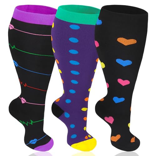 saerryor 3Pairs Plus Size Compression Sock For Women Wide Calf Compression Socks Extra Large Graduated Compression Stockings Knee High Flight Socks for Support Circulation 20-30 mmHg