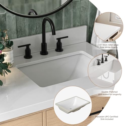 ARIEL Double Bathroom Vanity 73\" Inch Oak with Rectangle Sink, 1.5 inch Edge Pure White Quartz Countertop & Backsplash, 4 Soft Closing Doors, 6 Full Extension Dovetail Drawers, Matte Black - Thumbnail 5