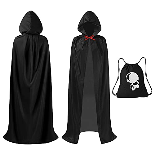 BIOSCEN Cape Halloween pour Enfant et Adulte avec Capuche, 4 Tailles Deguisement Halloween avec Sac à Cordon, Velours Noire Cape Halloween/Vampire/Sorcière/Demon/Faucheuse, pour Toute la Famille,XL Cover