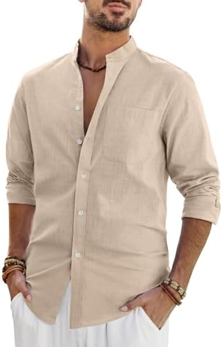 J.VER Herren Hemd Leinen Strukturiert Langarm Baumwolle Stehkragen Shirt | Baumwolle, Atmungsaktiv, Regular Fit, Modern, Freizeithemden, Casual, Shirt, Klassisch, Für Sommer Strand
