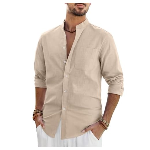J.VER leinenhemd Herren Hemd Leinen Langarm Stehkragen Leinenshirt Hemden Freizeithemd Casual Regular Fit Sommer Standhemd,Khaki,L