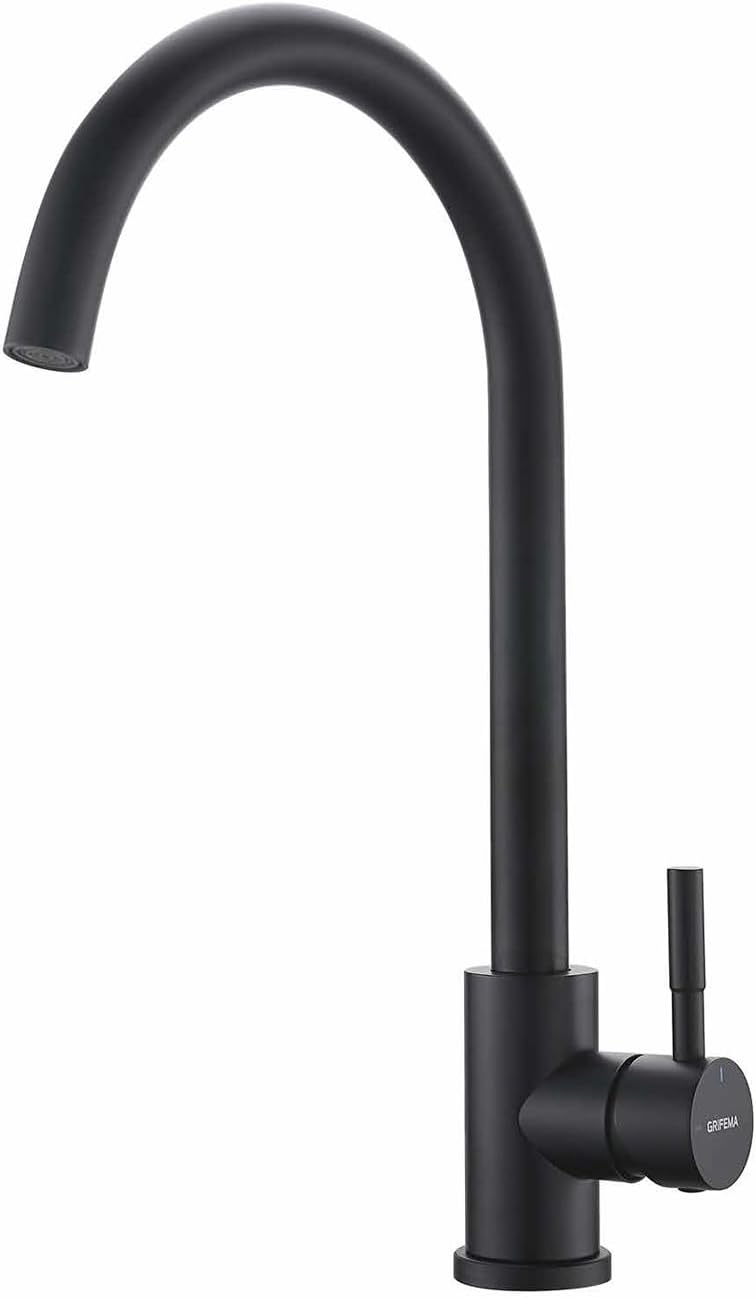 Front view of the Grifema G4008B kitchen faucet in matte black finish.