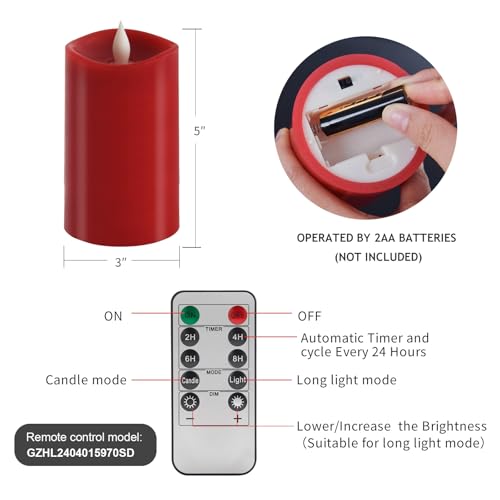Image of 3x5 Flickering Flameless Candles Set of 1, 2AA Battery Life 600 Hours Battery Candles Flickering with Timer,5 inch Flameless Candles with Remote for Indoor /Outdoor, Red