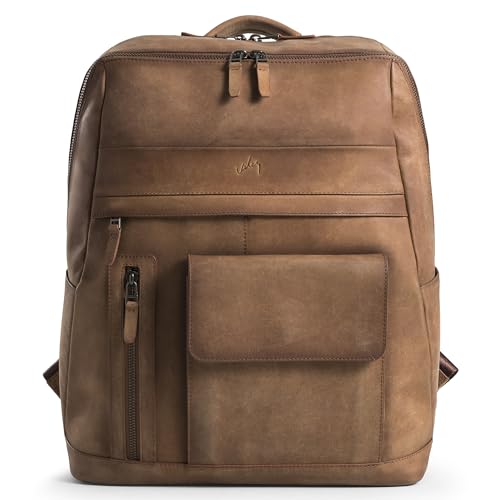 VELEZ Brown Leather Backpack for Men & Women - Large Capacity Laptop Travel Backpack with 17