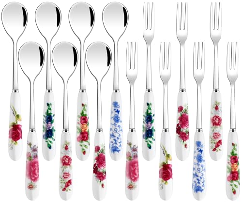 Vyndicca 14 PCS Floral Stainless Steel Fork and Spoon with Ceramic Handle