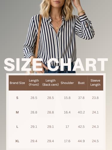 Women’s Long Sleeve Button Down Shirt, Classic Striped Blouse with Pearl Buttons, Casual & Dressy Tops for Women, Comfortable Polyester Blouse for Work & Everyday Wear (Navy)-M — view 6