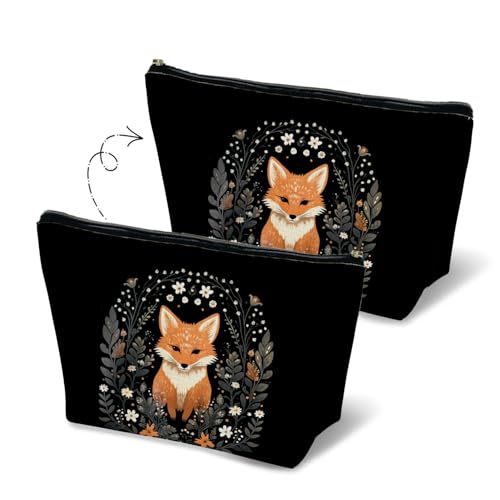 MKGRXZCW Fox Makeup Bag for Purse, Fox Lovers Gifts Cosmetic Bag Travel Toiletry Bag for Women, Dark Cottagecore Academia Floral Forest Animal Zipper Makeup Pouch