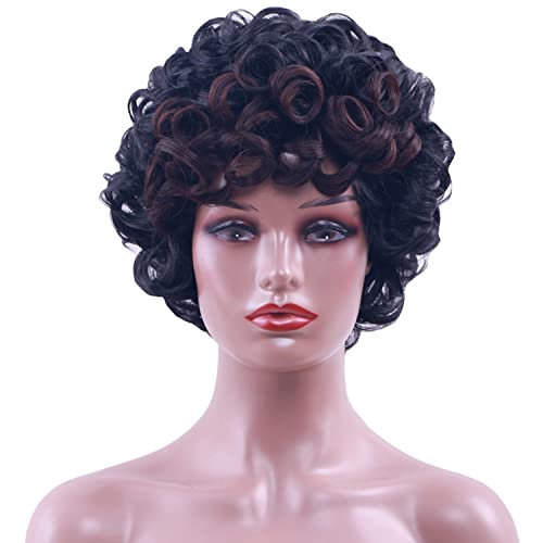 Kavsni Short Afro 60s church lady vibes Curly Wigs Natural Heat Resistant for Women Kinky Hair Big Bouncy Fluffy Curly Wig （Black mixed Brown）