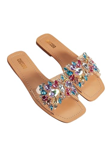 Verdusa Women's Rhinestone Clear Flat Sandals Square Toe Slides Sparkle