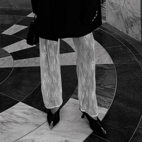 Women Y2K Floral Lace Sheer Mesh Flare Pants See Through Elastic High Waisted Long Trousers Sexy Hollow Out Clubwear3