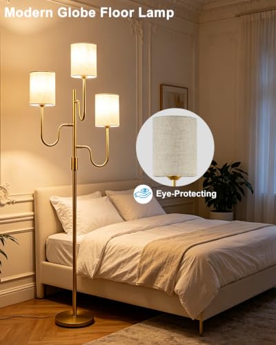 Image of Lightdot 63IN Gold Floor Lamp Dimmable 3-Lights LED Floor Lamps with Cylinder Fabric Shade& Warm White Bulb for Wedding /Party 3-Arm Standing Tall Lamp for Living Room /Bedroom /Sofa Beside /Corner Decor