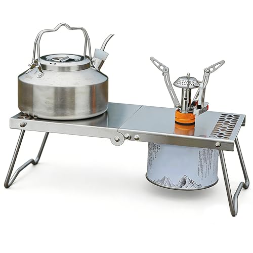 MUSONG Folding Camping Table, Portable Stainless Steel Outdoor Gas Canister & BBQ Stove Table, Lightweight Foldable Side Table for Picnic, Beach, Garden, Backpacking, Mini Coffee Table