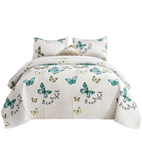 3 Piece Quilt Set Butterfly Pattern Soft Microfiber Lightweight Coverlet Bedspread Summer Comforter Set Bed Cover Blanket for All Season (Twin)