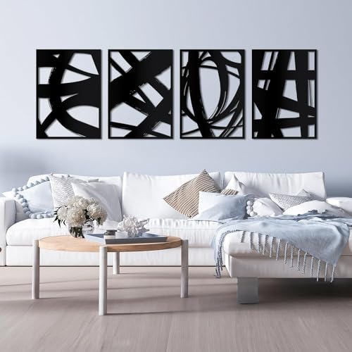 WINUSD 23in Black Large Abstract Metal Wall Art, 4Pcs Minimalist Modern Single Line Art Wall Decor, 3D Textured Hollow Out Design Wall Sculptures, Metal Artwork for Wall Art for Living Room Kitchen