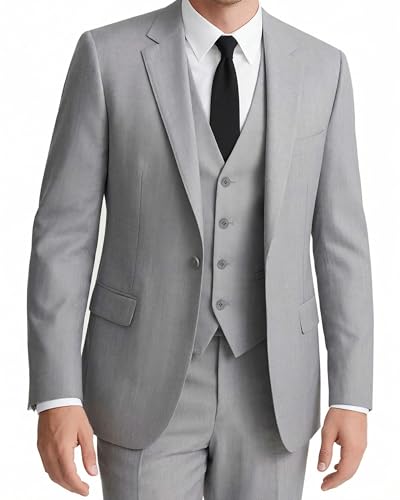 Image of WYWK Men's Slim Fit 3-Piece Suit Formal Tuxedo Jacket Blazer Waistcoat Trousers Wedding Prom Party Business Light Gray