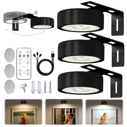 Bildbeleuchtung Kabellos mit Fernbedienung,3 Stück Magnetisches LED Bilderleuchte Dimmbar & Wiederaufladbar,Bild Licht 3 Lichtfarben,Bilderrahmen Licht,Bilderlampe für Wand,Regal,Bilder (Erweiterbar)
