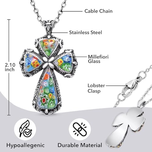 Colorful Rainbow Cross Necklace for Women Men Black Oxidsized Murano Style Millefiori Glass Flower Stainless Steel Chain Size 20" Catholic Faith Christian Jewelry Religious Birthday Gifts for Womens3