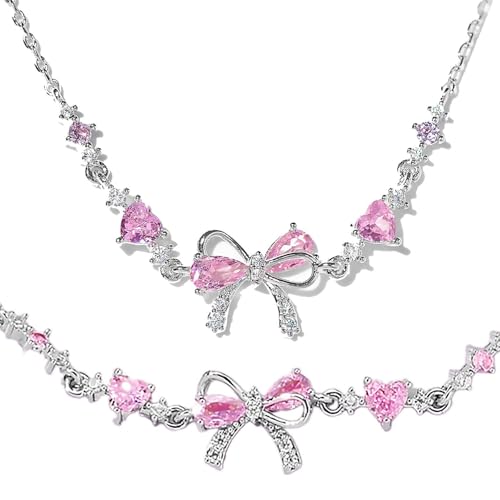 MUNSKT 2 Pcs Sparkling Silver Bow Jewelry Set, Adjustable Bracelet & Necklace Adorned with Pink Zirconia, Elegant Gifts for Girls Women, for Wedding Birthday Christmas Party