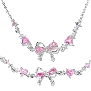2 Pcs Sparkling Silver Bow Jewelry Set, Adjustable Bracelet & Necklace Adorned with Pink Zirconia, Elegant Gifts for Girls Women, for Wedding Birthday Christmas Party