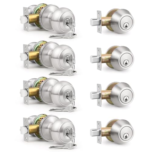 Brotima 4 Pack Keyed Alike Front Door Knob and Deadbolt Set, Entry Door Locksets with Single Cylinder Deadbolt, Satin Nickel Flat Round Door Lock Set for Bedroom/Office/Exterior Doors