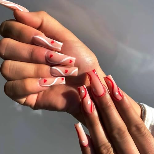 Brishow Uñas postizas largas uñas postizas corazón rojo prensa en uñas bailarina palo en uñas 24 piezas para mujeres y niñas