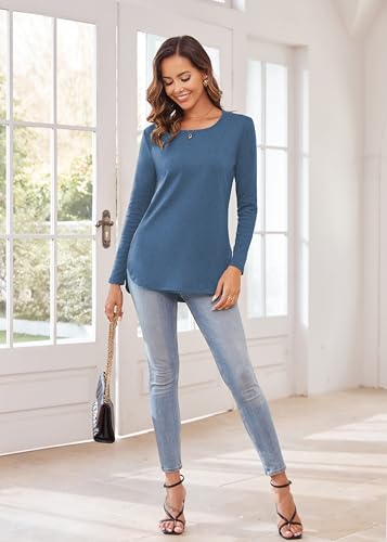 Image of Herou Women's Casual Long /Short Sleeve T Shirt Crewneck with Side Split Fall Pullover Loose Tunic Sweater Tops
