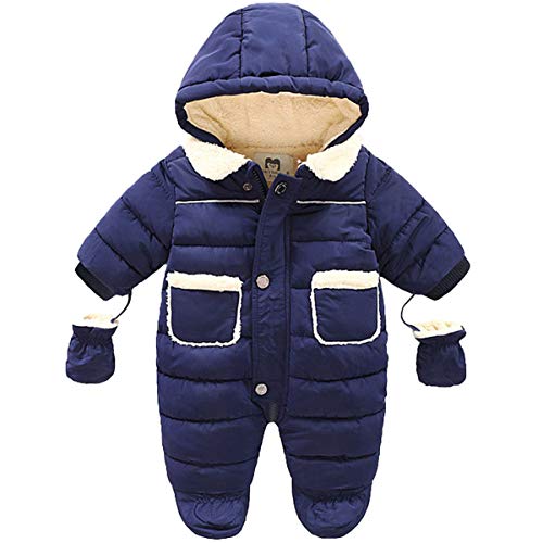 JELEUON Newborn Baby Toddler Girls Boys One Piece Footed Button Hooded Pocket Winter Warm Down Jacket Jumpsuit Romper Snowsuit with Gloves 3-6M Navy