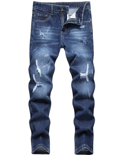 Lanscadran Boy's Dark Blue Jeans Skinny Fit Ripped Distressed Washed Fashion Casaul Denim Jeans,272-1,8