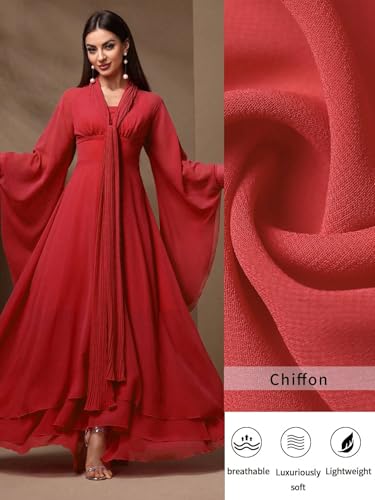 Image of TOLEEN Casual Dresses for Women Long Sleeve Flowy Swing Chiffon Maxi Dresses, Medium, Red-805