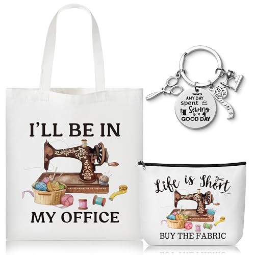 CJiangpo 3Pcs Sewing Tote Bag Canvas Bag with Keychain Funny Quilting Gifts for Seamstress Women Sewing Lovers Mom Ill Be In My Office Cosmetic Organizer Makeup Pouch Mothers Day Christmas Gift