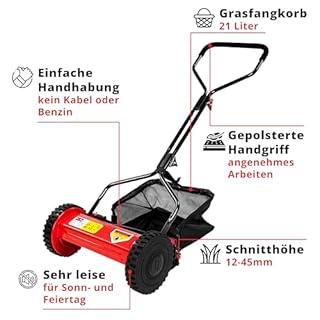 Grafner Handrasenmäher mit 21 Liter Fangkorb, 350 mm Schnittbreite, 12 – 45 mm Schnitthöhenverstellung, Massive Mähspindel mit 5 Messern, leicht und wendig mit nur 6,5 kg, Spindelmäher leise