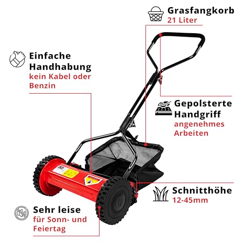 Grafner Handrasenmäher mit 21 Liter Fangkorb, 350 mm Schnittbreite, 12 – 45 mm Schnitthöhenverstellung, Massive Mähspindel mit 5 Messern, leicht und wendig mit nur 6,5 kg, Spindelmäher leise