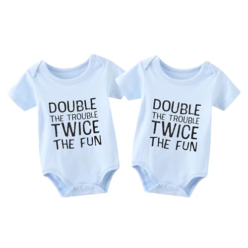 Image of YSCULBUTOL Baby Twins Bodysuit Double The Trouble Twice The Fun Newborn Clothes Infant Twin Romper Unisex Outfits(Blue 6m)