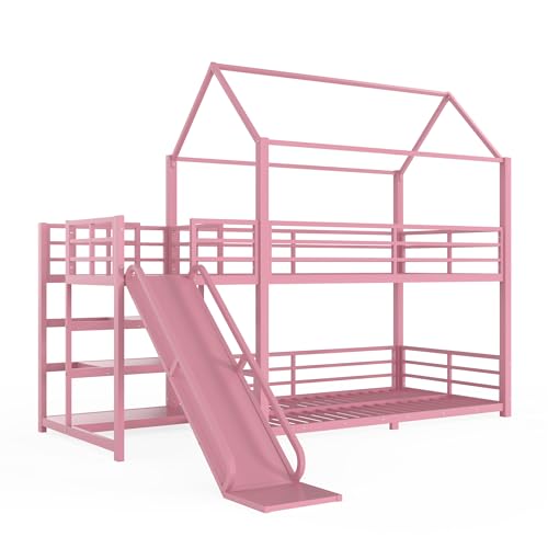 Image of Bellemave Metal Bunk beds Twin Over Twin with Slide and Storage Stairs, House Floor bunk Bed with guardrail for Kids,Pink