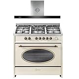GURARI Gas Standherd, Herdset GCH E 914 CR r + GCH F 462 IS 9 Prime, Retro Backofenset 90 cm, Range Coocker 121 L, Elfenbein + Dunstabzugshaube, Wandhaube 90 cm, Edelstahl, Flachpanel, Abluft/Umluft