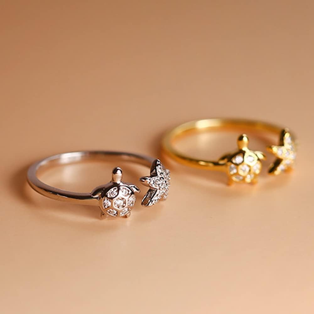 CZ Star Cute Turtle Starfish Asymmetric Small Open Rings for Women Girls Dainty 925 Sterling Silver Animals Adjustable Statement Knuckle Rings Thin Tiny Finger Pinky Rings for Daughter Bff Birthday