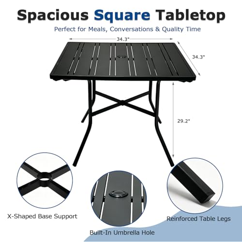 Image of 5 Piece Patio Dining Set with Black Outdoor Metal Table & 4 Hand-Woven PE Rattan Stackable Chairs for Backyard Garden Poolside, Black Chairs