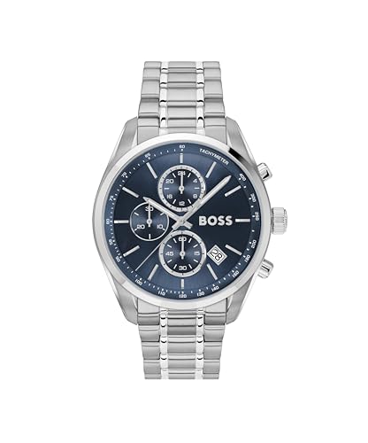 BOSS Chronographen-Quarzuhr mit Kalender für Herren Kollektion Grand Prix 44 mit Silbernes Edelstahlarmband - 1514226
