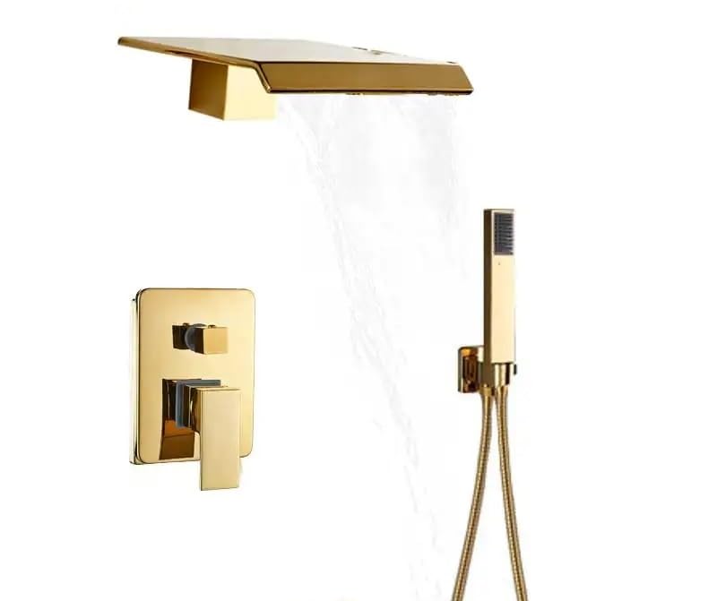 Robinet mitigeur de salle de bain cascade dorée pour une douche hydromassante murale