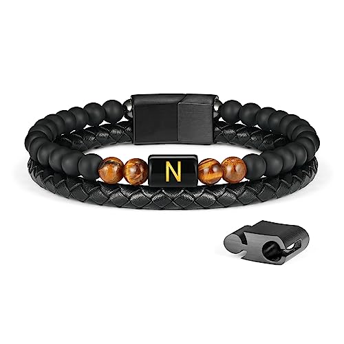 LUXEJEW Beaded Bracelets for Men - Black Mens Leather Bracelet Beads Letter N Initial Bracelet for Men Gifts Tiger Eye Bracelets Mens Jewelry Men's Gifts for Husband Dad Son