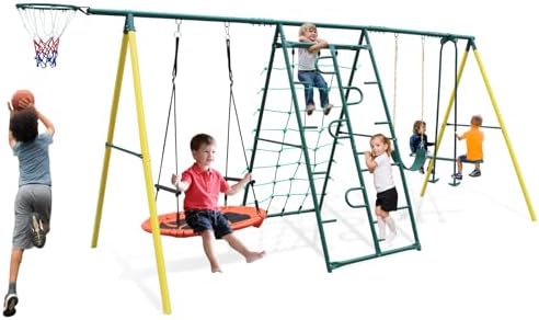Metal Swing Sets for Backyard for Kids 3-12, 6 in 1 Swing Sets, Heavy-Duty Playground Backyard Set with 2 Swings, Glider, Climbing Ladder and Rope
