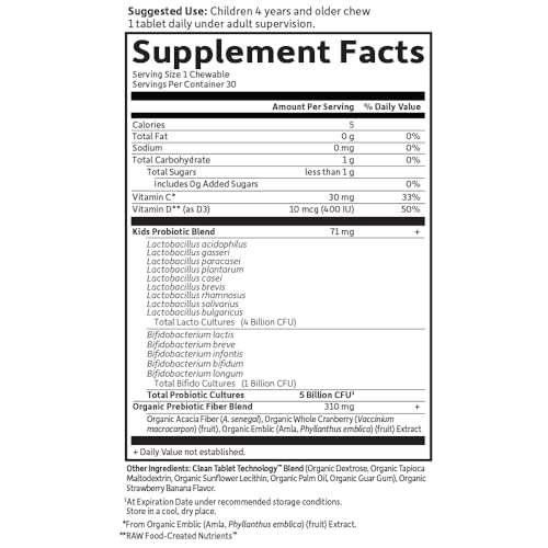 Image of Garden of Life Dr. Formulated Probiotics Organic Kids+ - Digestive Health Support - Prebiotic Fiber & Vitamins C & D - Supports Immune Function - Shelf Stable - Strawberry Banana, 30 Yummy Chewables
