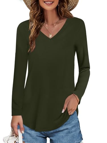 Image of Elesomo Womens T Shirts V Neck Summer Short /Long Sleeve Cotton Tops Tees