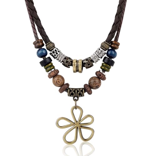 Mikovivi Mehrlagige Boho Halskette mit Holzperlen, Bohemian Hippie-Stil Halskette mit Hohlem Blumenanhänger Vintage Schmuckaccessoires im Ethnischen Stammesstil für Damen...