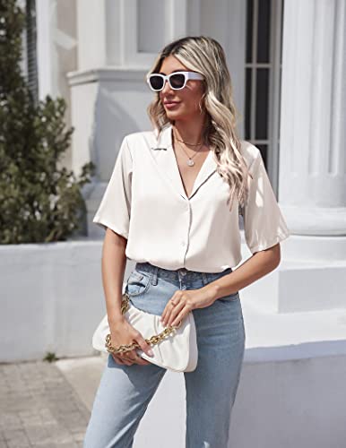 Hotouch Womens Elegant V Neck Silk Short Sleeve Satin Button Down Comfortable Shirt White, X-Large #TOP28