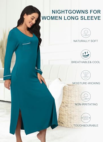EA'S SECRET Nightgowns for Women Long Sleeve V Neck Nightshirts Soft Knit Sleepwear Full Length Loungewear with Pocket2