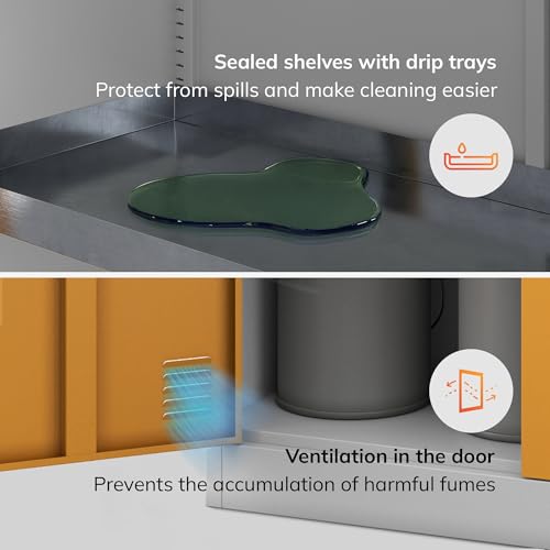 Jan Nowak Stahlschrank für Chemikalien 90 x 185 x 40 cm | Abschließbar, Belüftungslöcher | 4 Regalböden mit Auffangwannen | Chemikalienbeständig, Korrosionsbeständig | Maria | Grau-Gelb